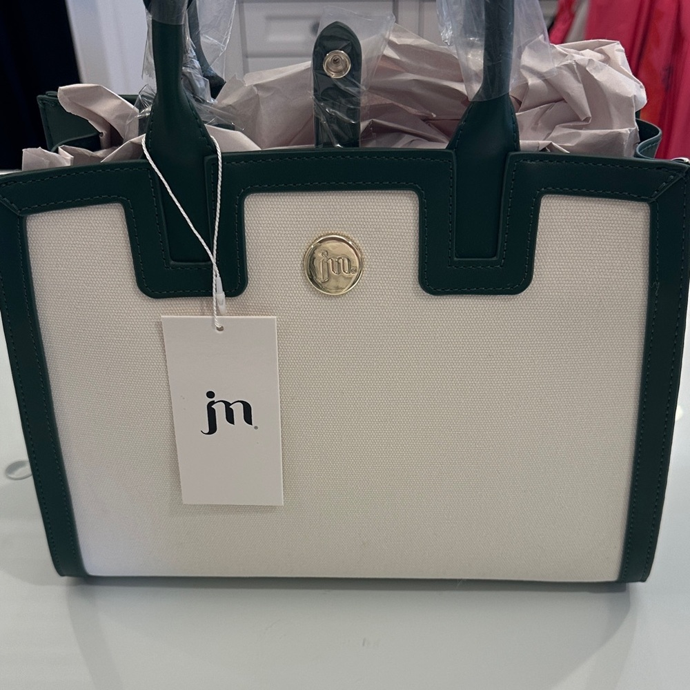 jn. White Canvas Tote with Dark Green Trim